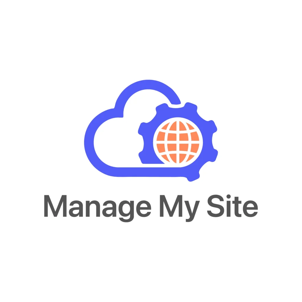 Logo of managemysite with purple white and orange theme