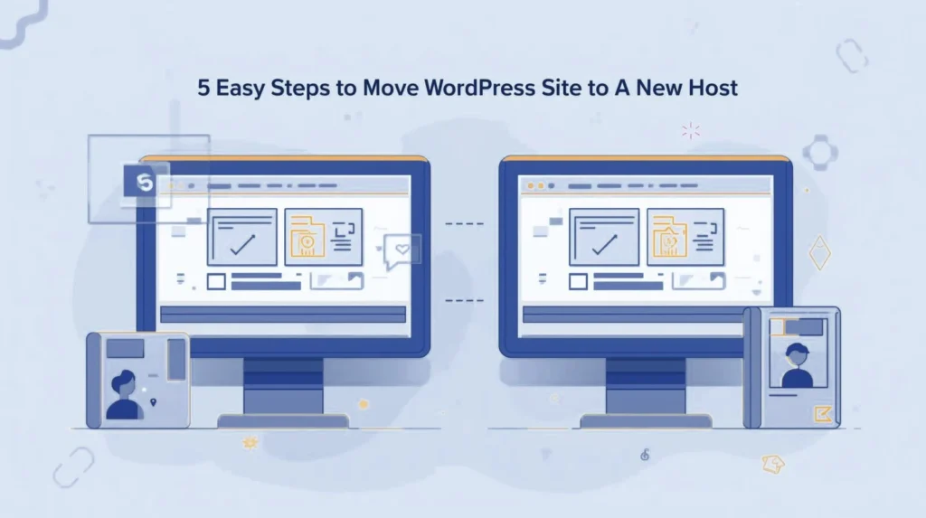 A digital illustration, in a clean, modern graphic design style, featuring two computer screens displaying "5 Easy Steps to Move Your WordPress Site to a New Host" as the title.