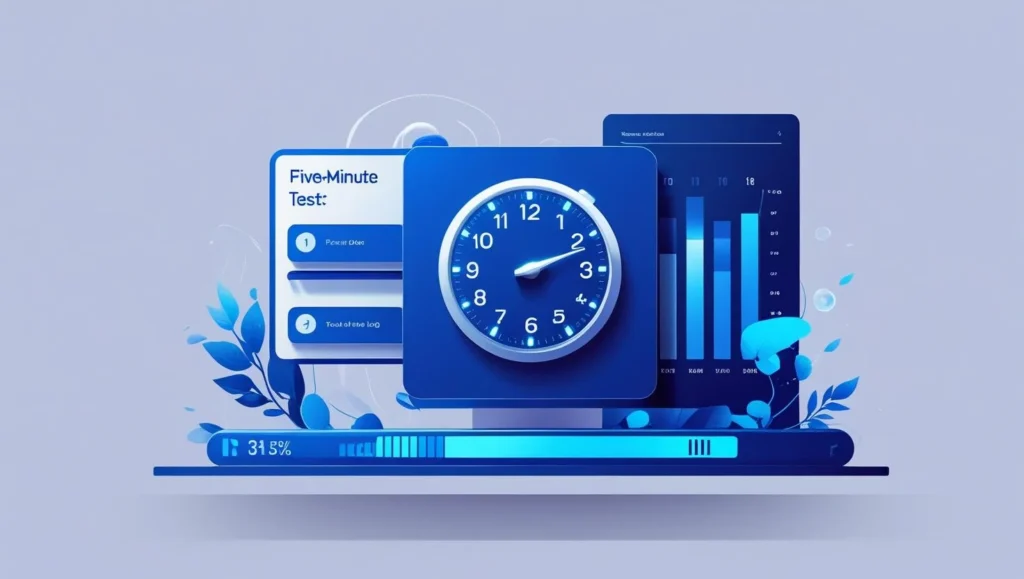 A realistic, blue-themed illustration depicting a five-minute website speed test. The image should be devoid of text, focusing on a visual representation of the process; perhaps showing a sleek. 5-Minute Method to Test Your Website Speed Easily