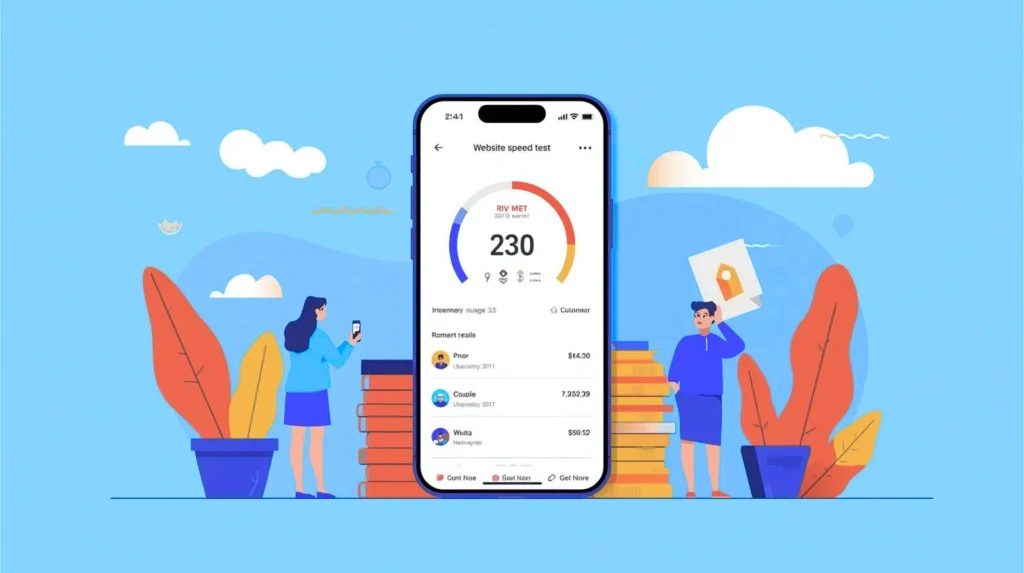 landscape-oriented illustration thumbnail, similar in style to the example provided, depicting a smartphone displaying a website speed test result. The illustration should be clean, modern, and colorful, without any text. How To Make Your Site Mobile- Friendly for Better SEO