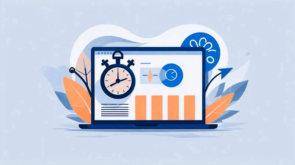 landscape-oriented illustration thumbnail image, similar in style to the example provided, for a blog post titled "5-Minute Method to Test Your Website Speed Easily."