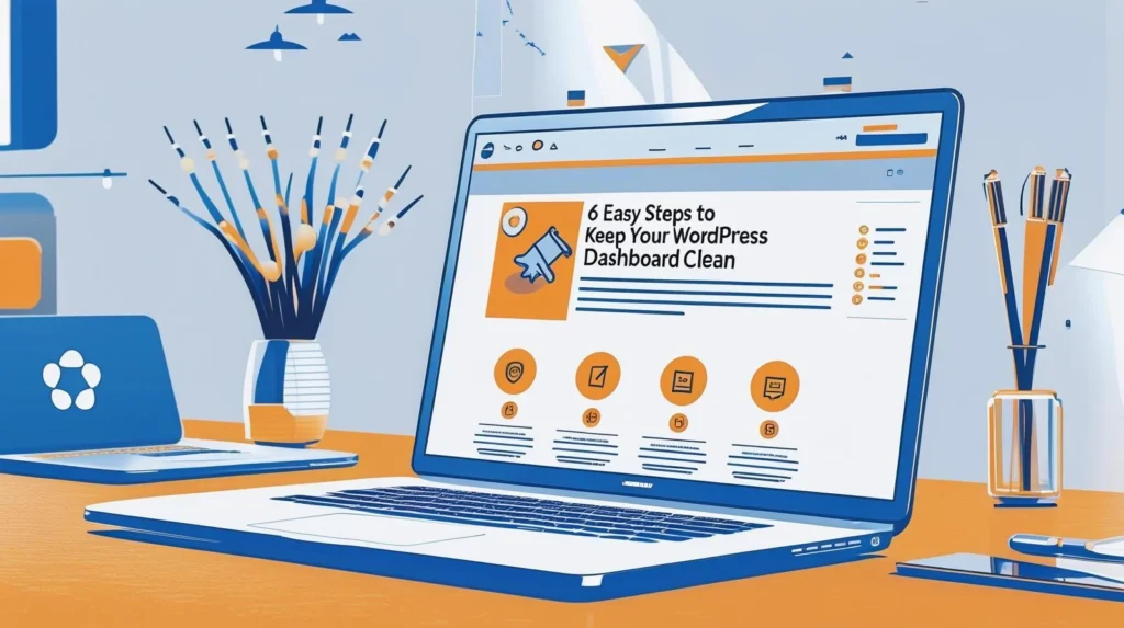 A photorealistic image of a laptop displaying a website titled "6 Easy Steps to Keep Your WordPress Dashboard Clean," with clearly visible icons representing each step. 