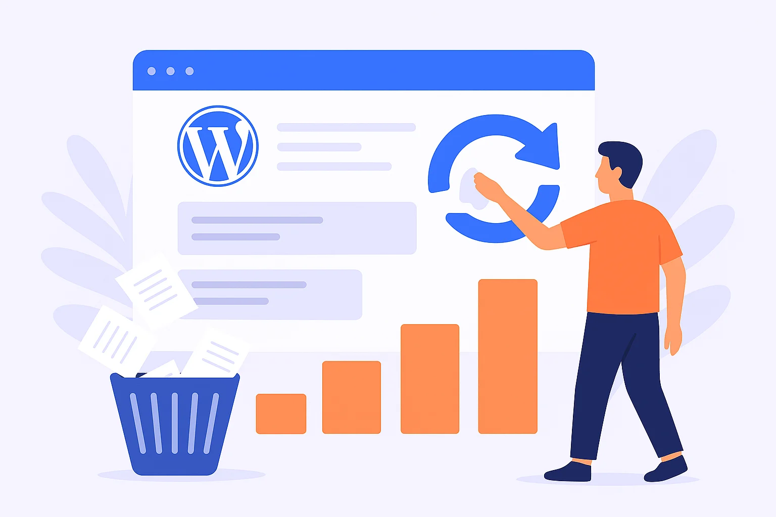 Flat-style digital illustration of a person sitting at a desk using a laptop, surrounded by website and SEO-related icons, representing 6 Easy Steps to Keep Your WordPress Dashboard Clean