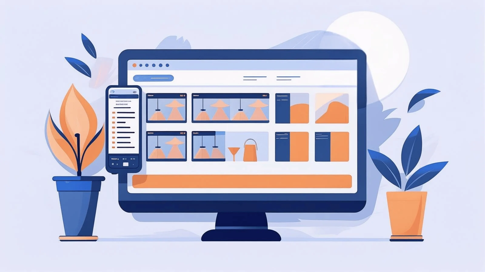 landscape illustration, similar to a blog post thumbnail, depicting a computer with stylized, vibrant product images displayed on its screen, symbolizing 7 Best Ways to Manage Product Images for Performance