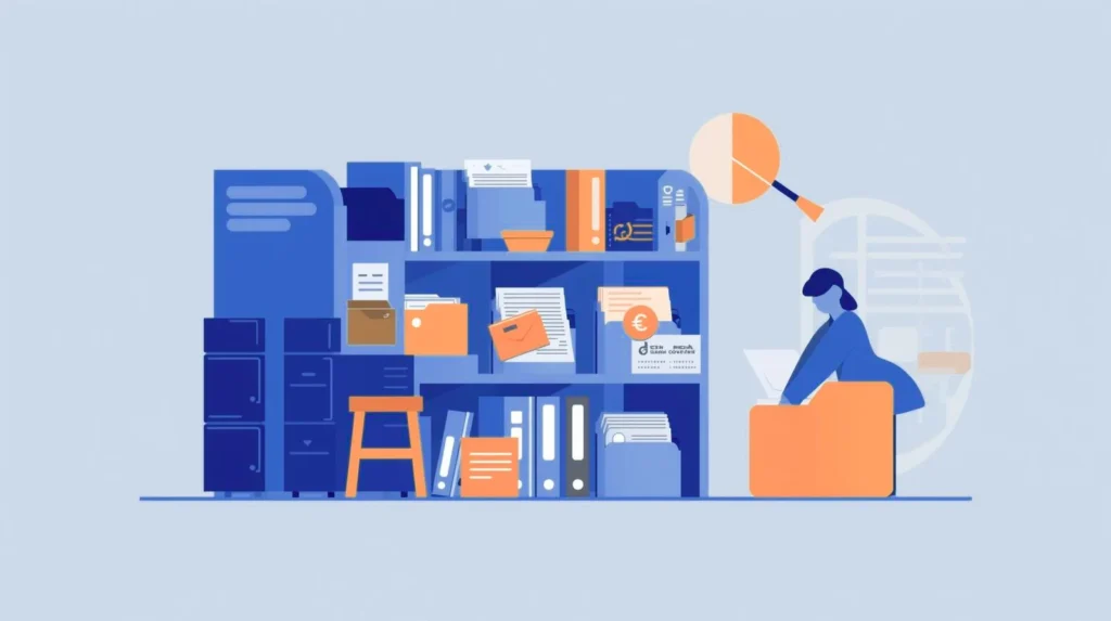 landscape-oriented flat vector graphic thumbnail illustration, in a clean and simple vector style, for a blog post titled "7 Easy Steps to Clean Up Your WordPress Media Library and Save Storage.