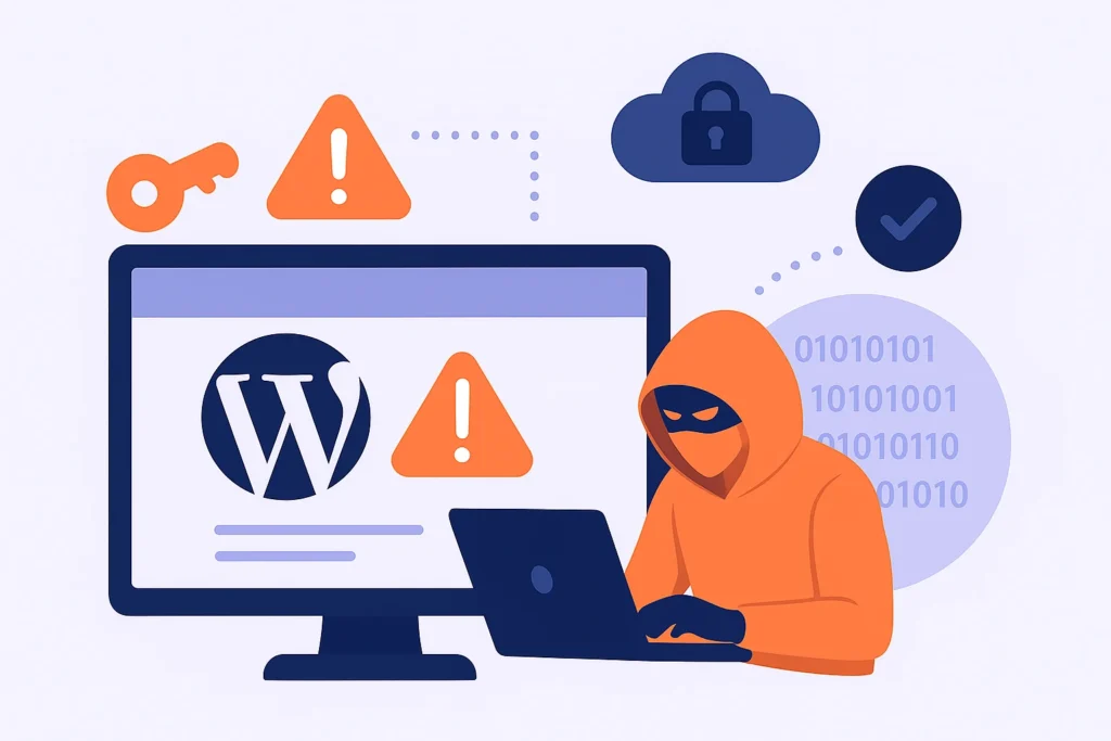 Flat-style illustration of a person looking worried at a laptop with warning signs on the screen, symbolizing a hacked WordPress website.
