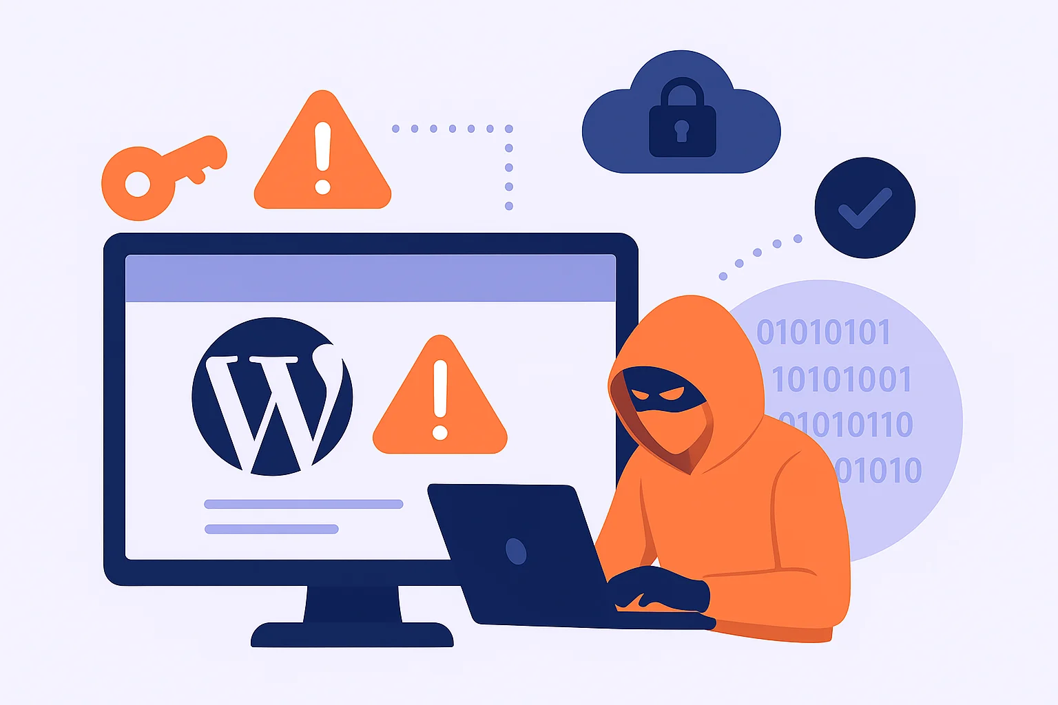 Flat-style illustration of a person looking worried at a laptop with warning signs on the screen, symbolizing a hacked WordPress website.
