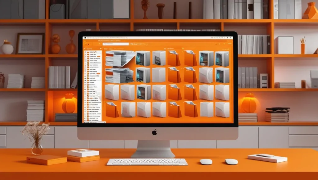 A realistic, orange-themed image depicting the process of organizing a cluttered digital media library.  Show a computer screen displaying a disorganized file system, gradually transitioning to a clean, well-organized system. Easy Steps to Clean Up Your WordPress Media Library and Save Storage