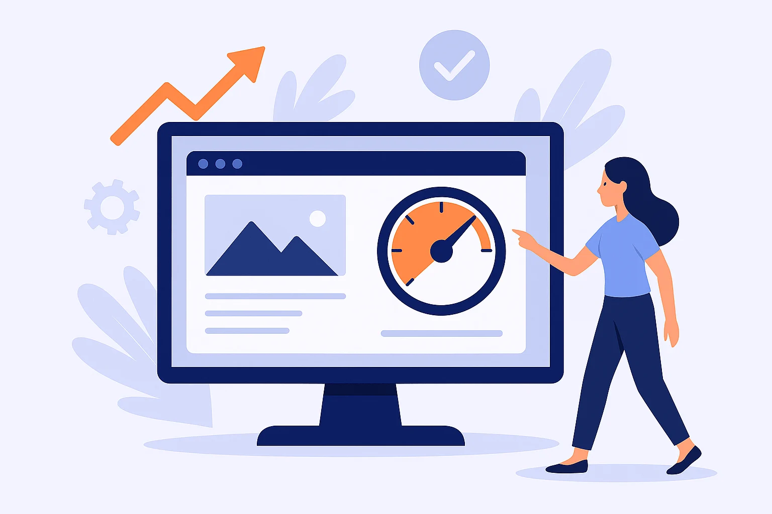 llustration of a woman standing next to a computer screen displaying a speedometer, representing website speed improvement with upward arrow, gear, and checkmark icons in a blue and orange theme.