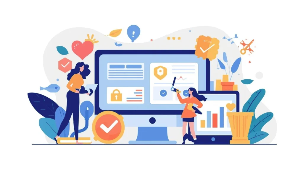 landscape-oriented illustration thumbnail image similar in style to the example provided, suitable for a blog post titled "Monthly Website Health Checks: 6 Smart Tools to Protect and Improve Your Site.