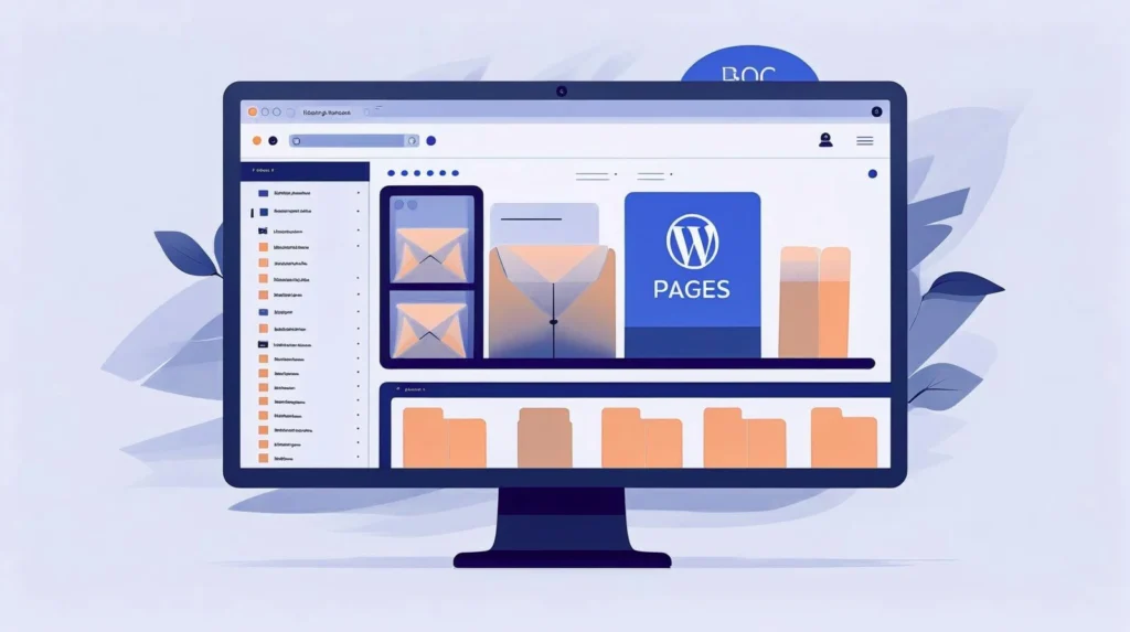 illustration thumbnail, in the style of a clean, modern website mockup, suitable for a blog post titled "The Best Way to Organize WordPress Pages and Posts.