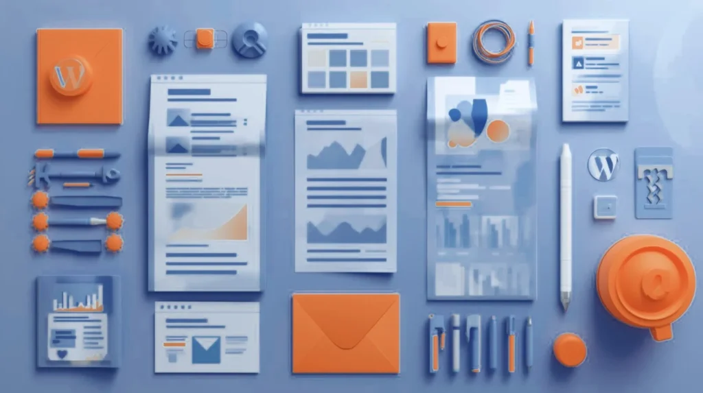 A meticulously organized digital workspace showcasing several distinct WordPress pages and posts displayed on a pristine, uncluttered surface. The aesthetic is defined by a harmonious cool blue and vibrant orange color palette, evoking a sense of order and peak efficiency. with this title The Best Way to Organize WordPress Pages and Posts