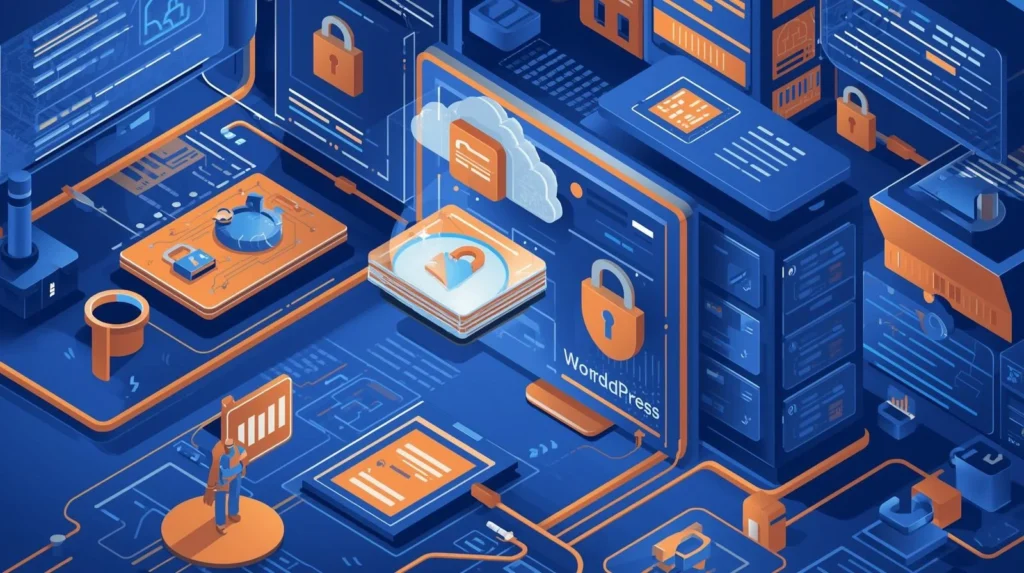 A realistic illustration in a predominantly blue color scheme, accented with a complementary warm orange, depicting the concept of The Ultimate Guide to WordPress Backup Best Practices for Beginners