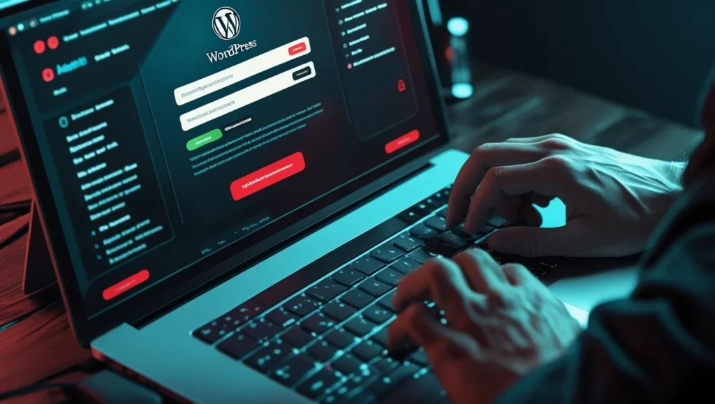 A photorealistic image depicting a stylized representation of a computer screen showing a WordPress login page with a highlighted vulnerability, alongside a close-up of a hacker's hands typing on a keyboard. Warning signs your WordPress site has been hacked