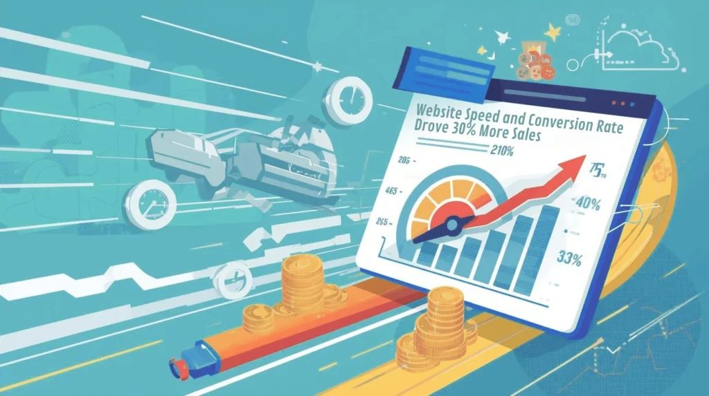 An engaging illustration for a blog post titled "Website Speed and Conversion Rate: How a Faster Site Drove 30% More Sales." The image should visually represent the concept of website speed directly impacting sales conversions, perhaps with a graph or infographic style. Use clean lines and modern typography, incorporating elements like a speedometer or loading bar accelerating towards a chart showing a significant upward trend in sales. The color palette should be bright and energetic, conveying efficiency and growth, with a clear visual link between speed and increased revenue.