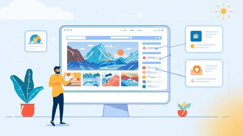 An illustration visualizing the concept of "7 Best Ways to Manage Product Images for Performance." The scene features a clean, organized digital interface showcasing optimized product images that load with smooth animations and subtle speed lines, conveying excellent performance. 