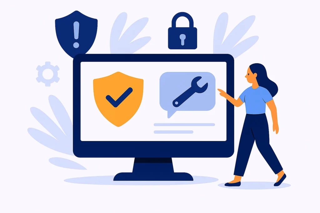 A flat-style illustration of a woman pointing at a large computer monitor displaying a shield with a checkmark and a speech bubble with a wrench, surrounded by icons of a padlock, shield, and gear, symbolizing website safety and maintenance mistakes.