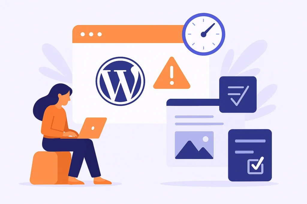 Flat illustration of a person working on a laptop with WordPress dashboard elements, showing website setup and beginner guidance in a clean and modern style.