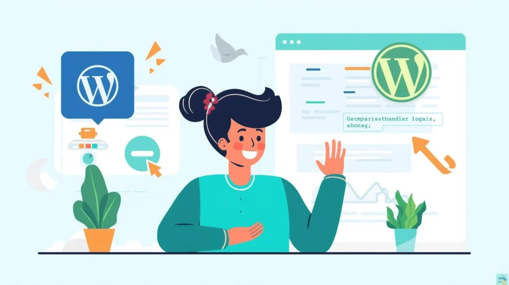 flat illustration with blue theme and a girls. this image desscribe about How to Avoid Common WordPress Beginner Mistakes