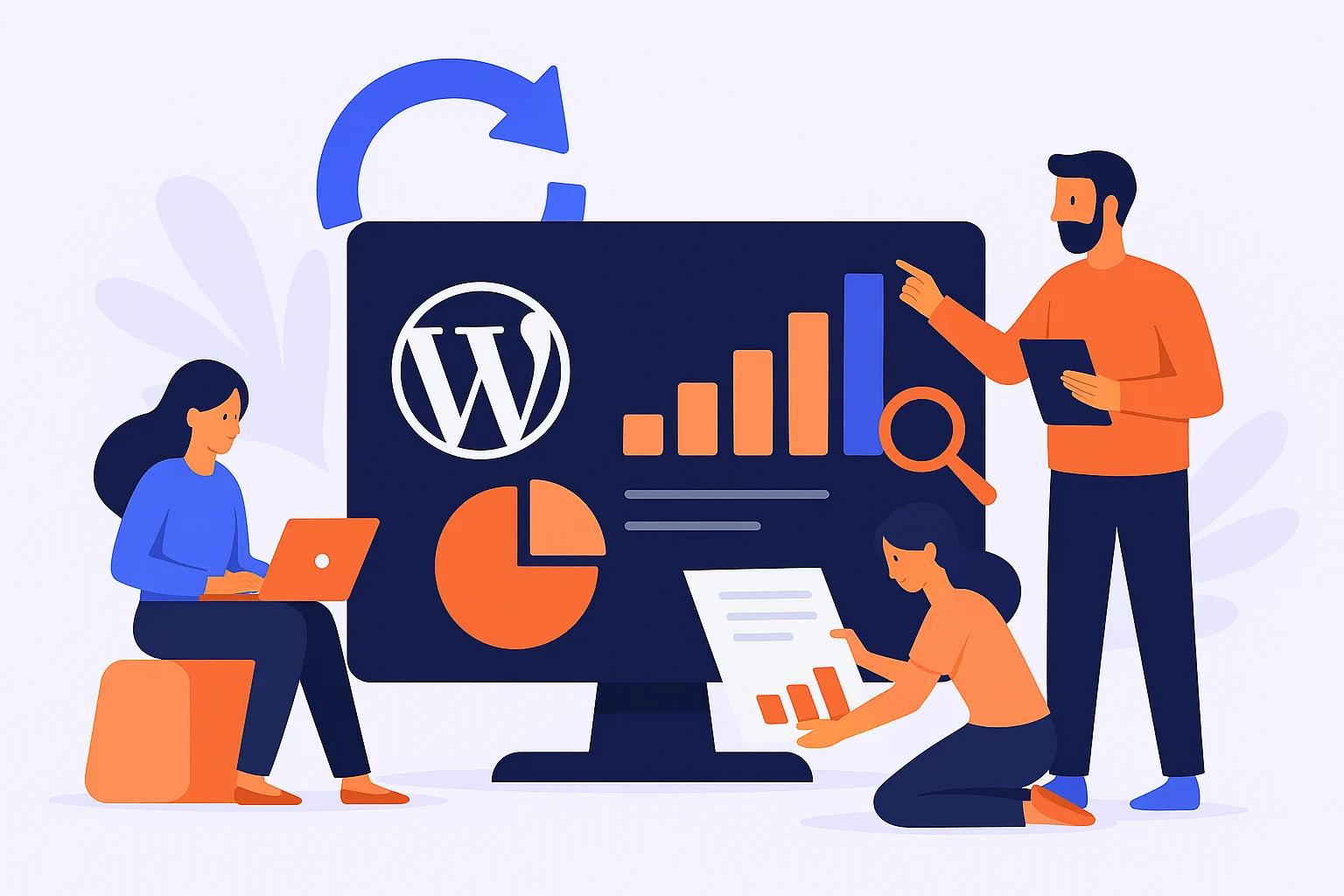 Flat-style illustration showing three characters analyzing WooCommerce reports on laptops and charts, symbolizing data-driven insights to improve online sales.