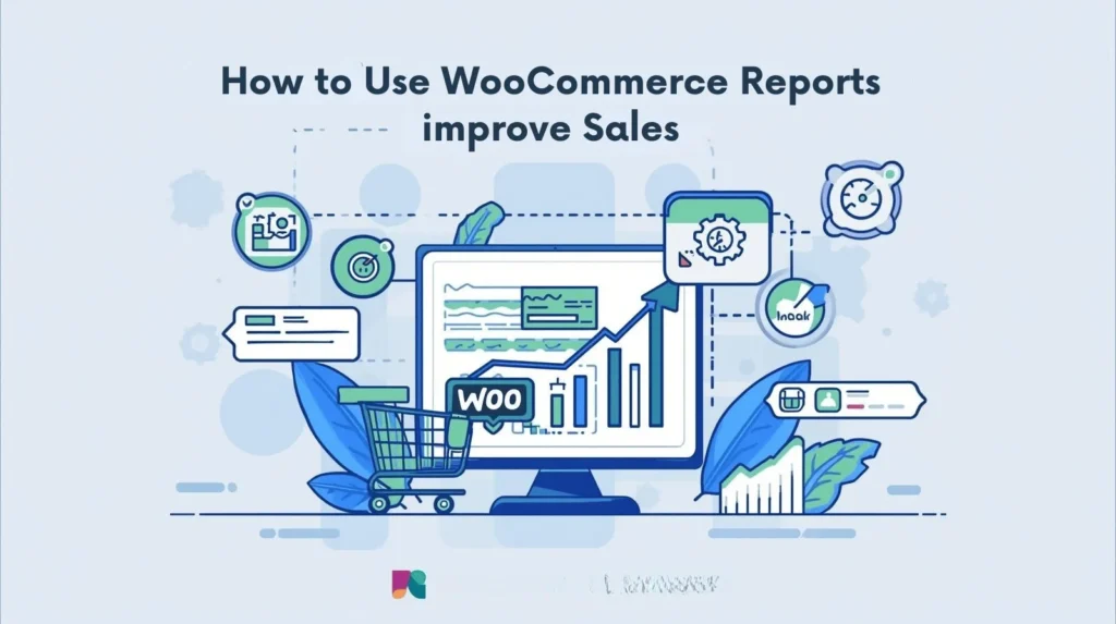 A visually engaging infographic illustrating the title "How to Use WooCommerce Reports to Improve Sales.