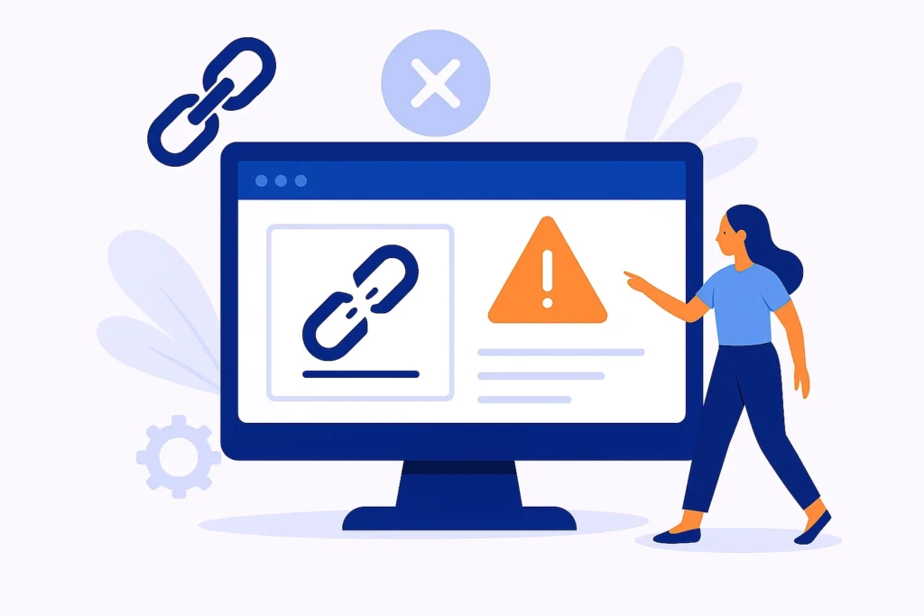 An illustration of a woman standing beside a large computer screen showing a broken link icon and an orange warning triangle, symbolizing broken links on a website. with this title The Ultimate Guide to Check Broken Links Regularly for a Better Website