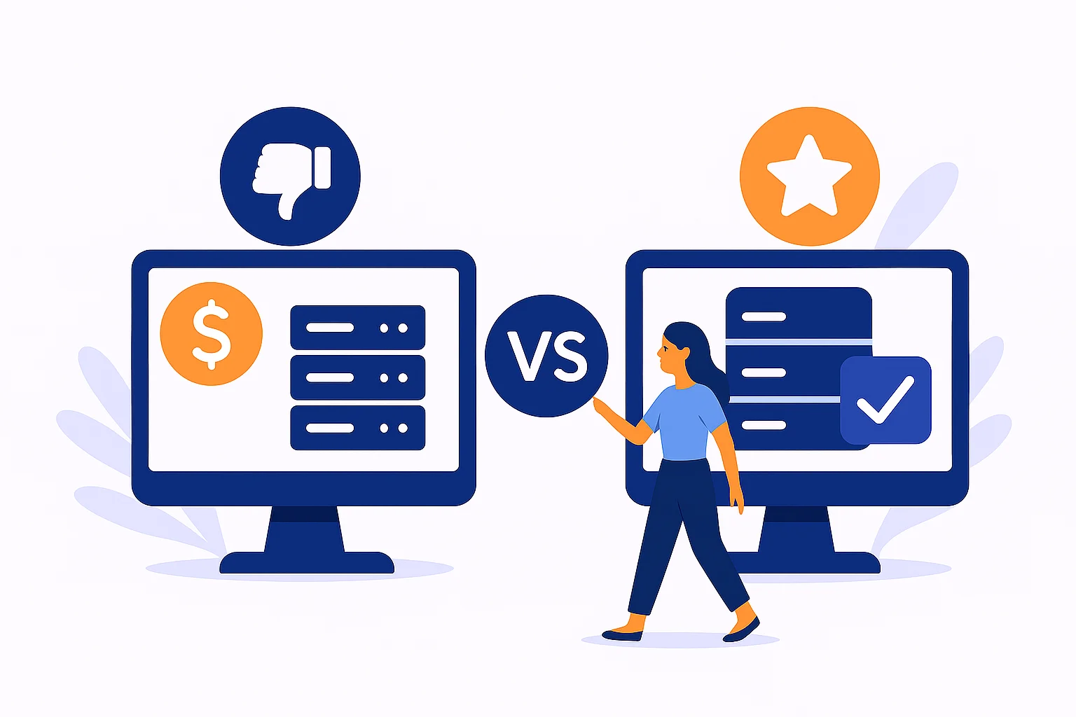 Illustration comparing cheap hosting vs quality hosting. On the left screen, cheap hosting is symbolized by stacked servers and a dollar sign with a thumbs-down icon. On the right screen, quality hosting is represented by servers with a checkmark and a star icon above. A woman in blue points toward the quality hosting option.