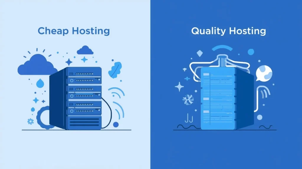 A conceptual illustration contrasting cheap hosting with quality hosting for websites, using a dominant blue color theme. On one side, depict elements symbolizing affordability and potential issues, such as a simplified server rack with flickering lights or a subtly strained connection symbol. On the other side, represent quality hosting with stable, robust imagery, like a smooth, glowing server with an uninterrupted data flow or a strong, solid connection icon. The overall aesthetic should be clean and modern, with a focus on visual metaphor rather than literal text. The layout should clearly delineate the two sides, allowing for easy comparison.