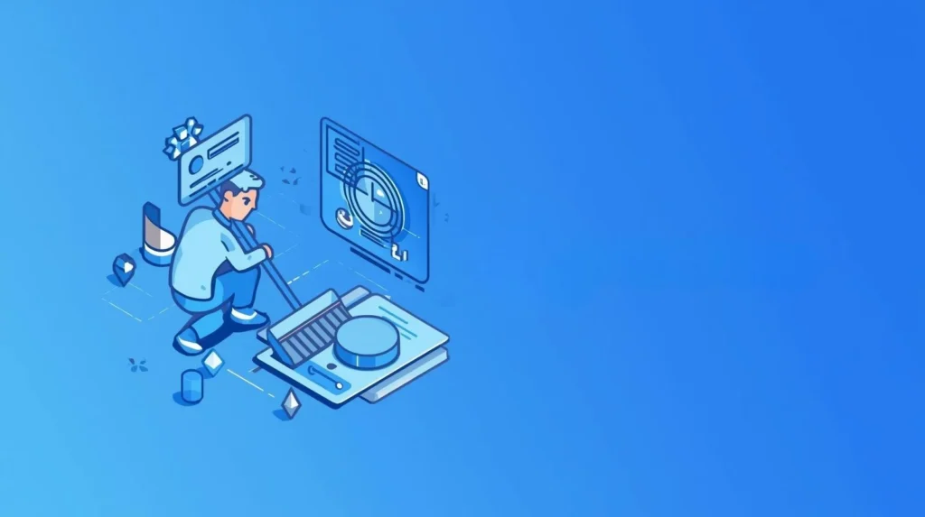 A serene, digital illustration in a vibrant blue color palette, symbolizing website maintenance. The illustration features a stylized broom meticulously tidying abstract, geometric digital elements, rendered with clean lines and a sense of motion. Adjacent to the activity, a crisp and healthy website logo is clearly visible, exuding professionalism. The overall aesthetic is bright, modern, and professional, with a strong emphasis on clarity, order, and a smooth user experience.