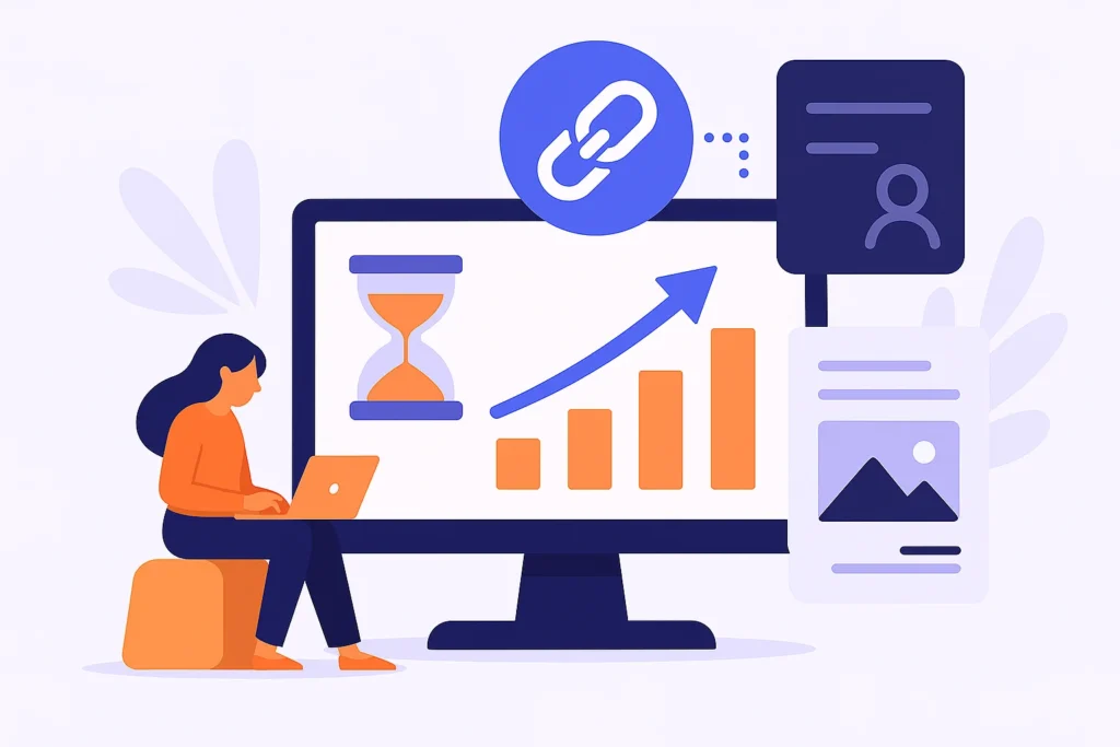 Flat illustration of link building concept showing people connecting chains, symbolizing how to build backlinks naturally without spamming.