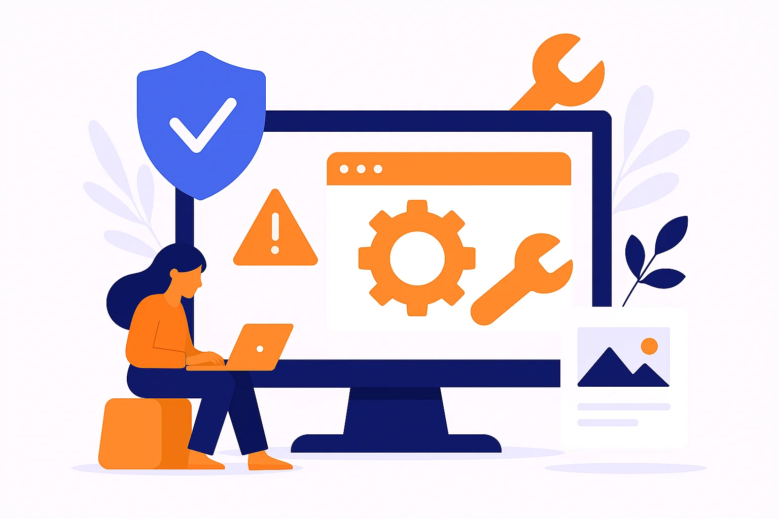 **Alt text:** A flat-style digital illustration showing a person performing website maintenance with tools, gears, and security icons around, symbolizing website maintenance, speed optimization, and data protection.