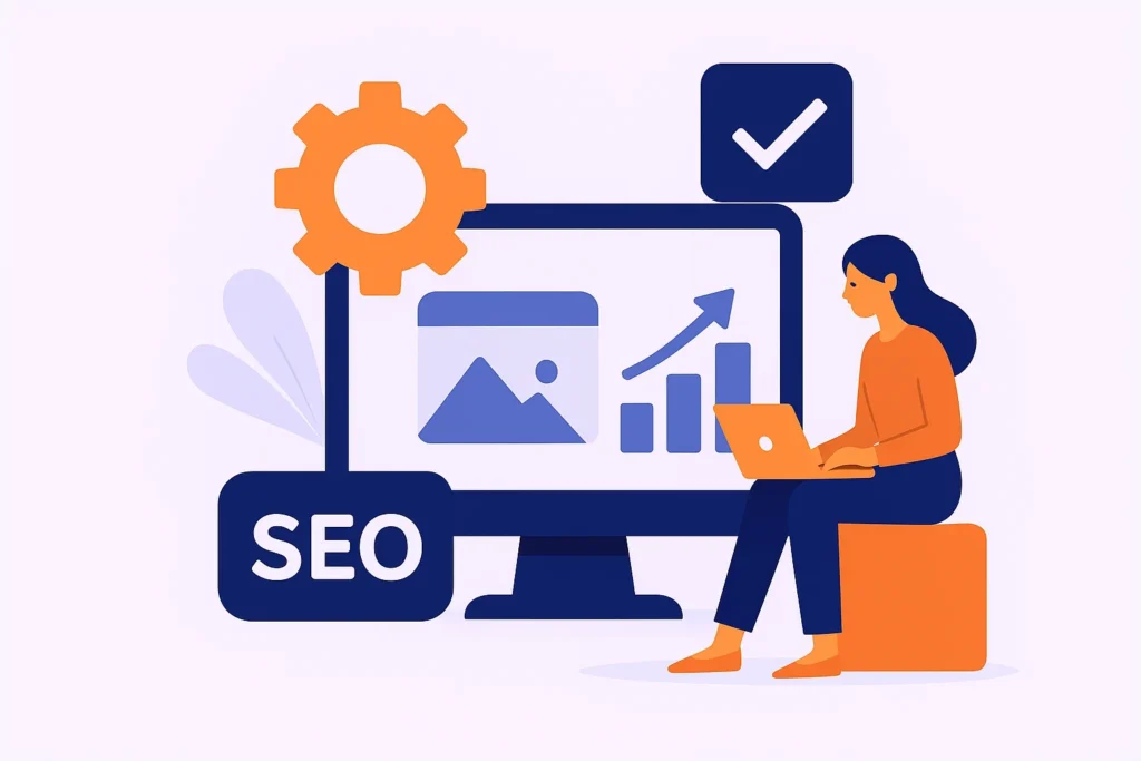 An illustrated concept showing a woman managing website performance and SEO improvements on a computer screen, symbolizing the importance of website maintenance for better search rankings.