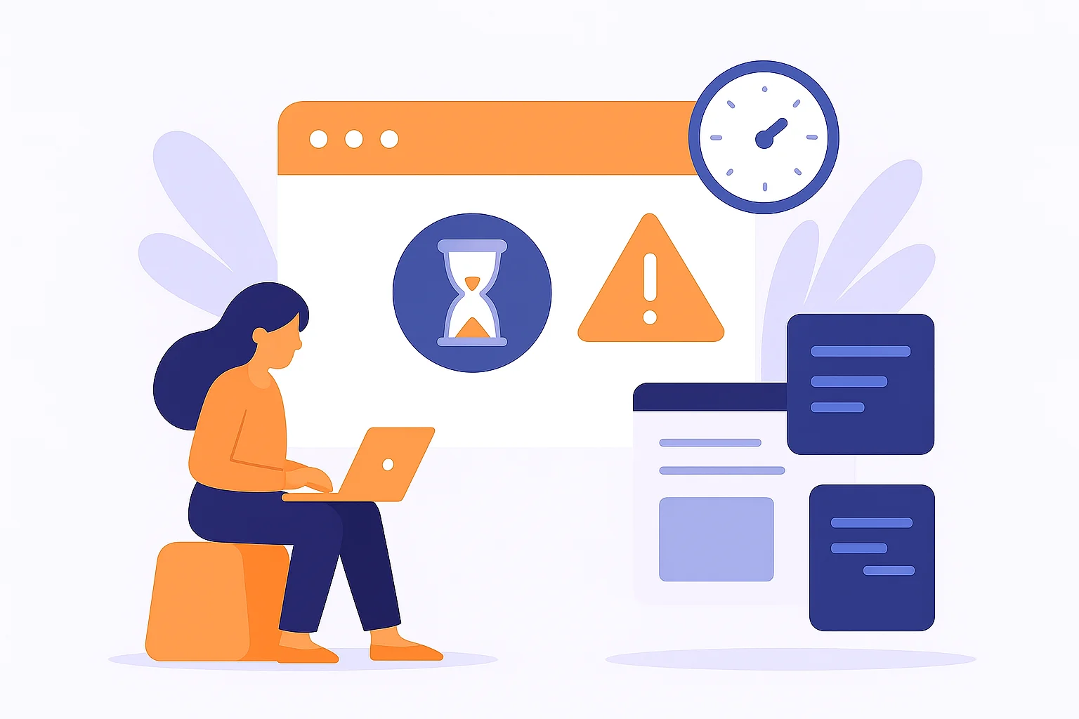 A flat-style digital illustration showing a woman sitting with a laptop, monitoring her website performance and fixing website issues, with icons of alerts, loading speed, and web pages in orange, purple, and white tones.