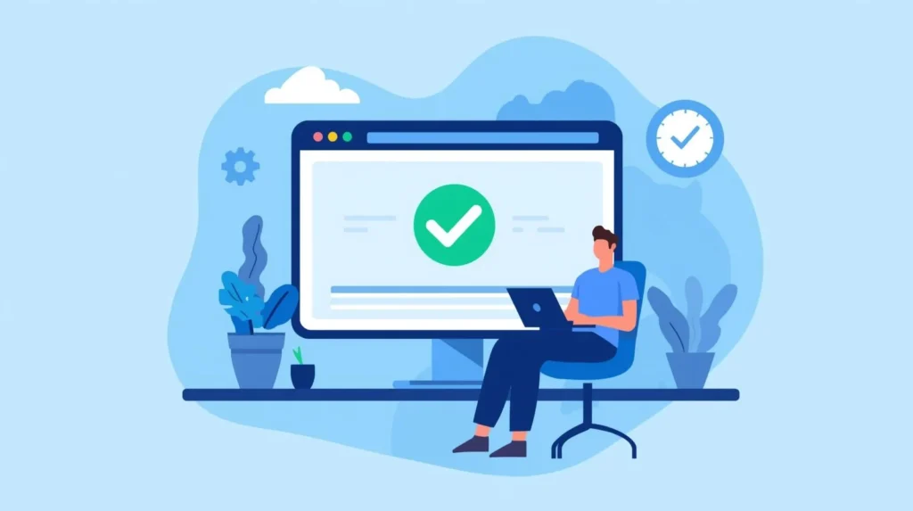 A flat-style digital illustration of a person relaxed at their desk while the website runs smoothly on a big computer screen with a green checkmark. Use blue colors, with a clean modern look. Symbolizes successful website maintenance and website security. No text.