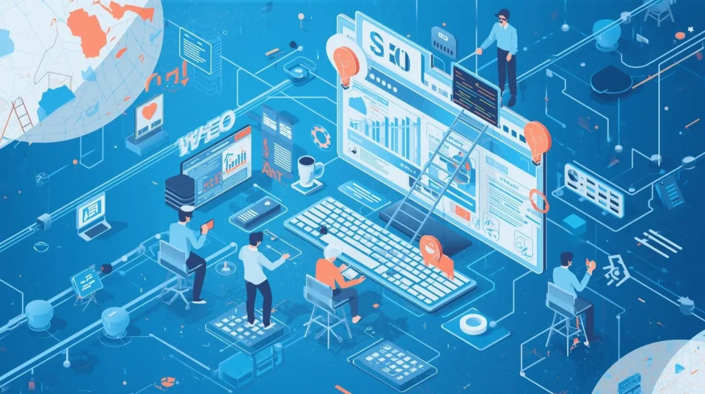 A conceptual illustration depicting the interconnectedness of website maintenance and SEO, rendered with a dominant blue color palette. The imagery should visually represent concepts like website structure, data flow, and search engine visibility without any visible text.