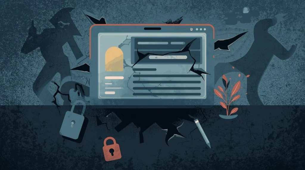 A visually striking illustration metaphorically representing "10 Hidden Risks of Ignoring Website Maintenance (and How to Avoid Them)." The image depicts a complex, modern website interface with subtle cracks and signs of decay in various areas. 