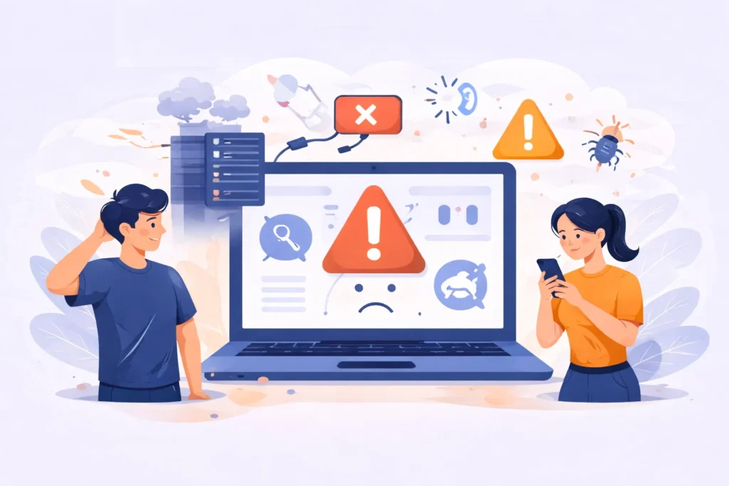 Flat illustration of a website down suddenly, showing broken charts, error indicators, and technical issues that explain common reasons a website stops working.