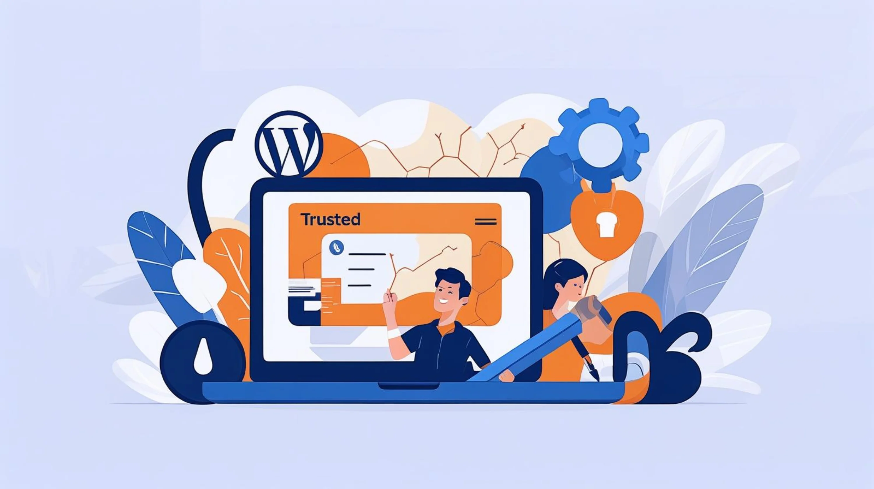 Digital illustration showing trusted WordPress maintenance tools, update icons, and the WordPress logo