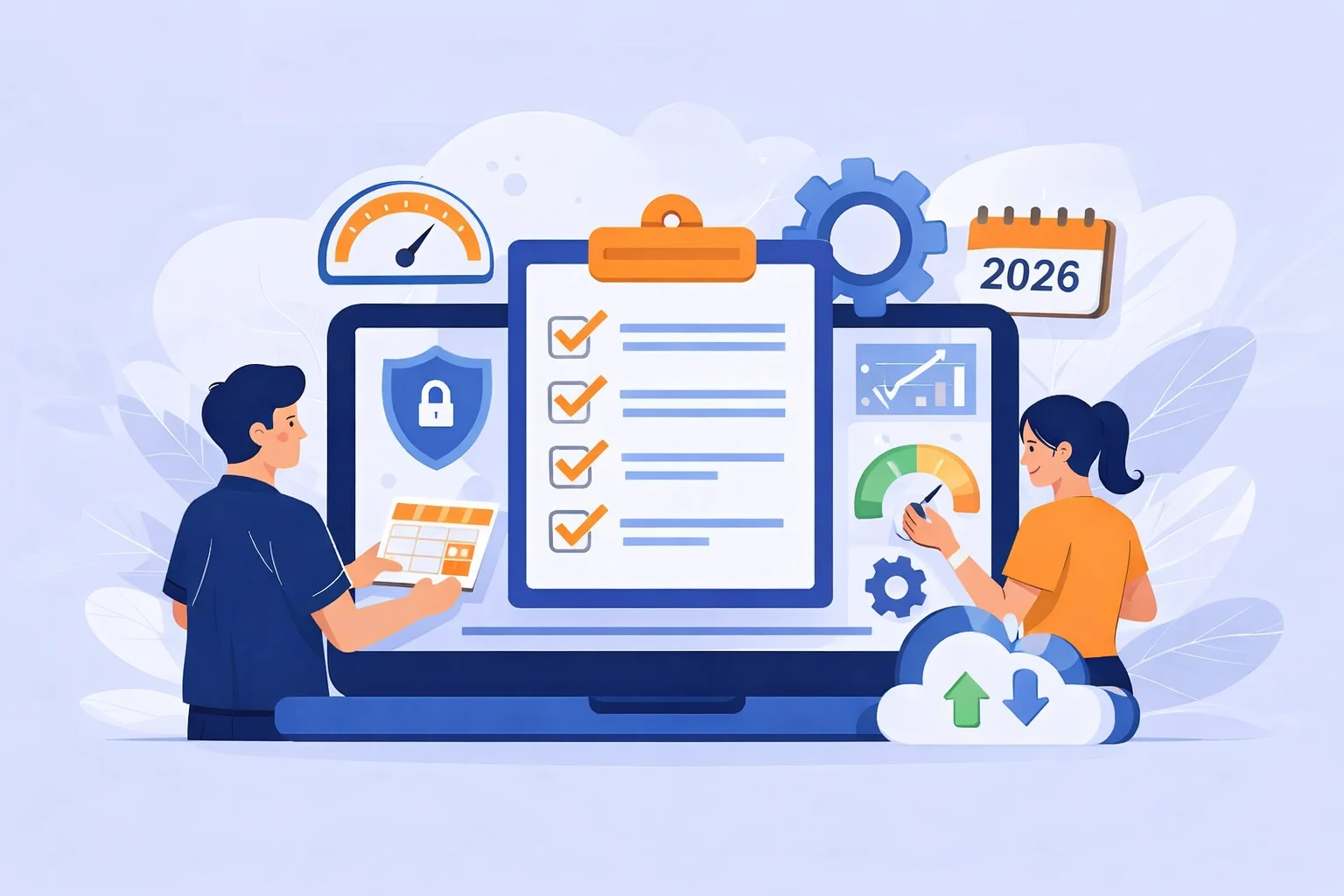 Website maintenance checklist illustration for WordPress websites, highlighting security, performance optimization, updates, and regular maintenance tasks for 2026.