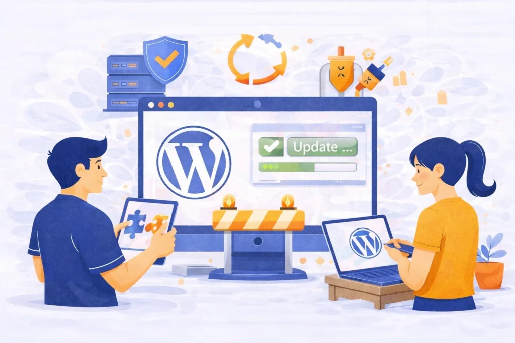 Illustration showing a WordPress update manager service handling safe plugin and theme updates, with security icons, warning alerts, and system checks to prevent site errors.