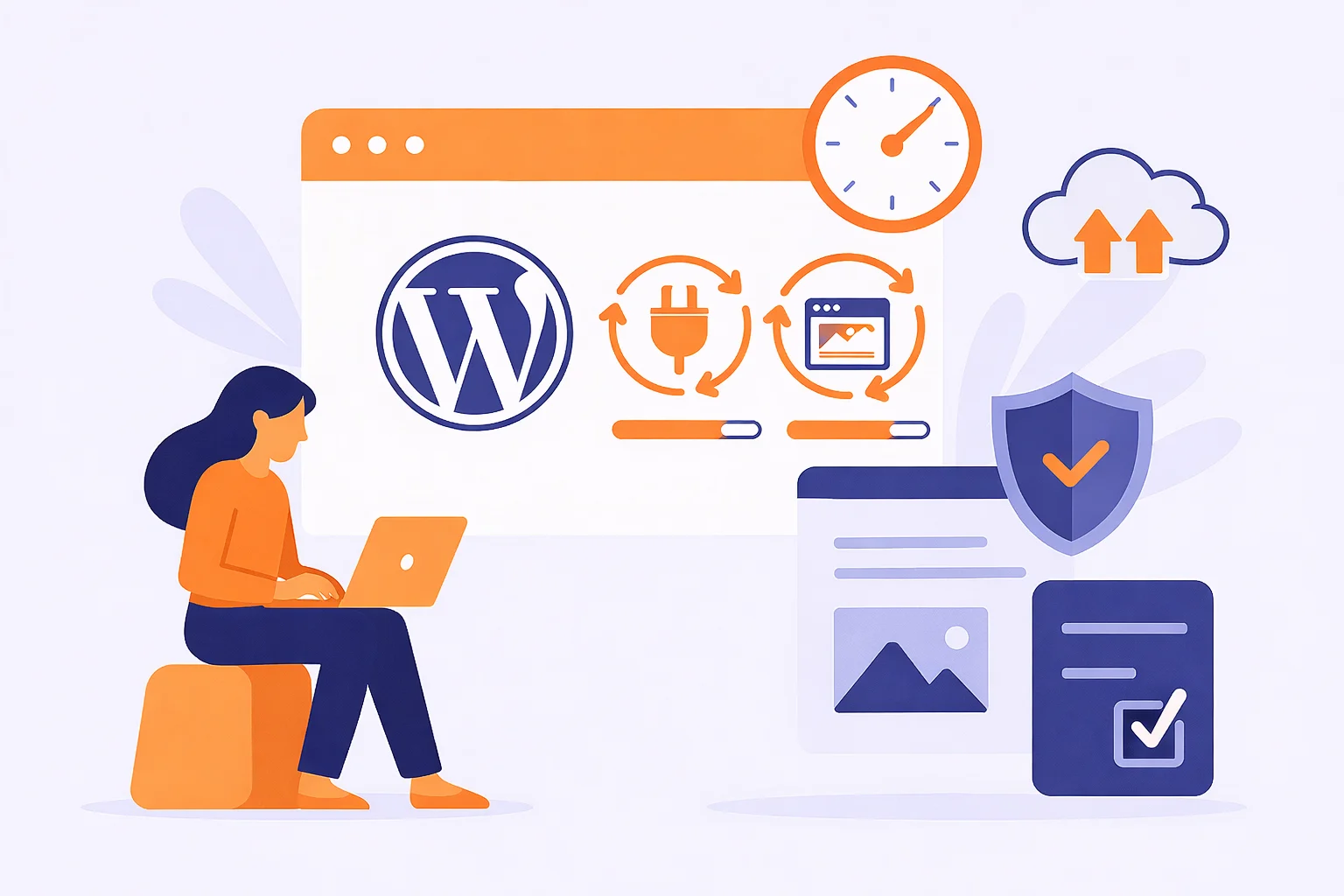 Flat illustration of a person managing WordPress updates on a laptop, representing a wordpress update manager service with secure plugin and theme updates, system tools, and maintenance icons.