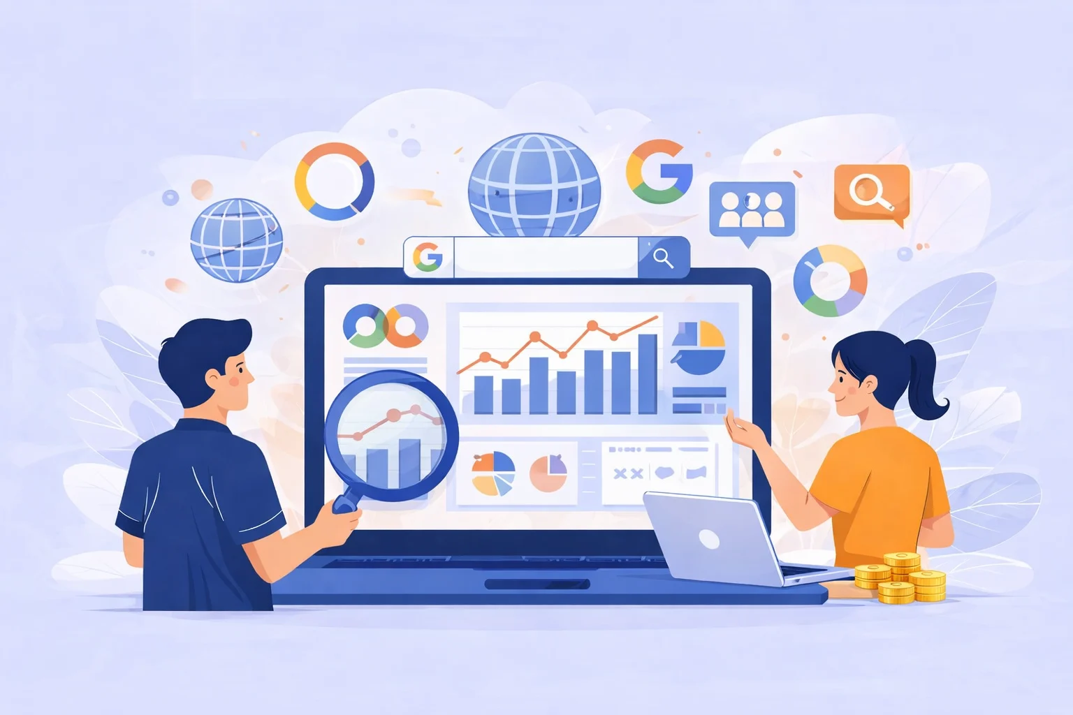 Illustration of two professionals analyzing website traffic and performance using analytics dashboards, representing recommended tools to check website traffic and analyze performance.