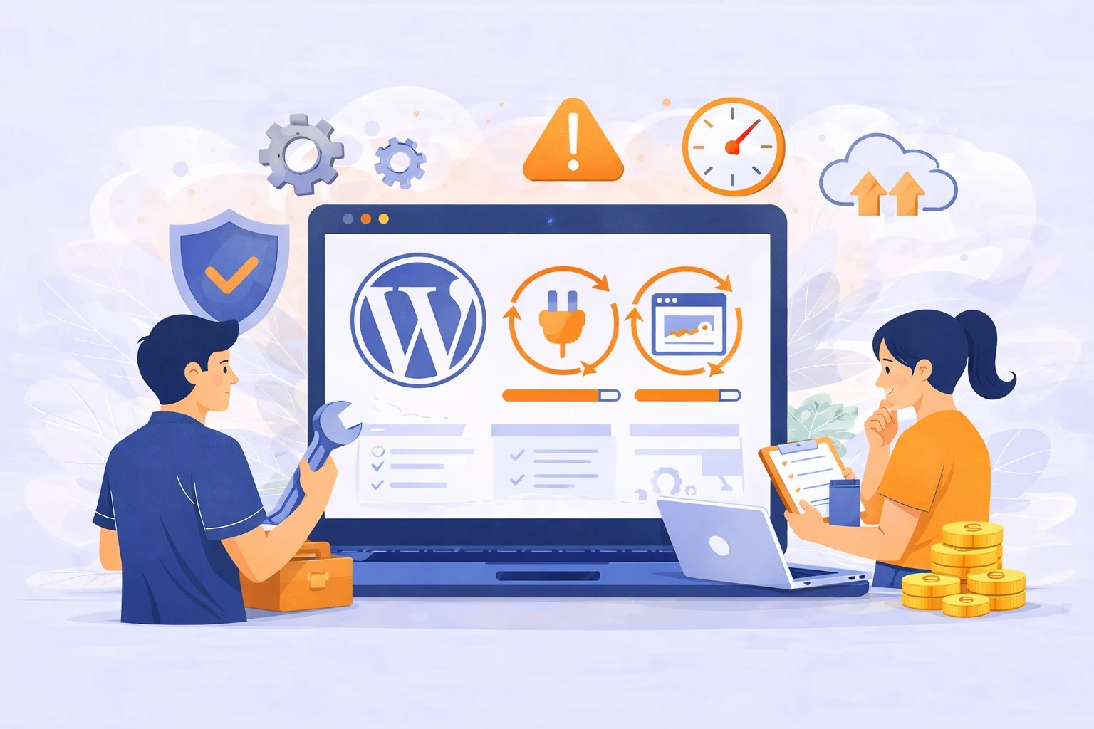 WordPress website maintenance illustration with professionals handling updates, security checks, and performance optimization on a business website.