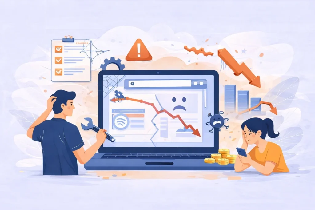 "Illustration showing how poor website maintenance leads to traffic loss, illustrated by a damaged website, falling traffic charts, and warning icons.
