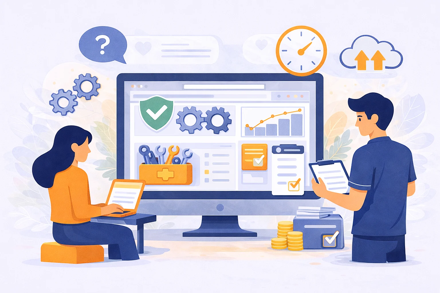 Illustration of business owners managing a website dashboard, showing website performance, security tools, analytics, and maintenance tasks to manage my website effectively.