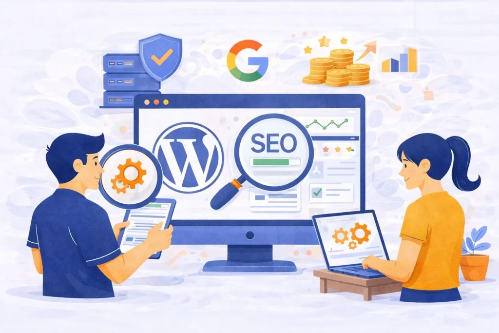 Illustration showing the link between wordpress maintenance and SEO on a WordPress site, with optimization tools, security icons, and performance metrics explaining why Google rewards well-maintained websites.