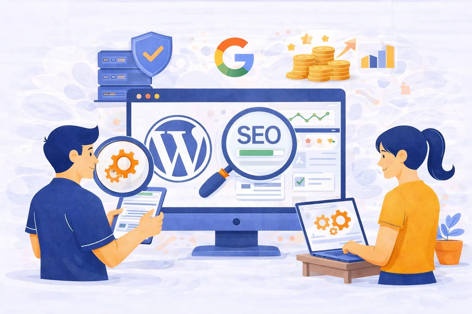 Illustration showing the link between wordpress maintenance and SEO on a WordPress site, with optimization tools, security icons, and performance metrics explaining why Google rewards well-maintained websites.