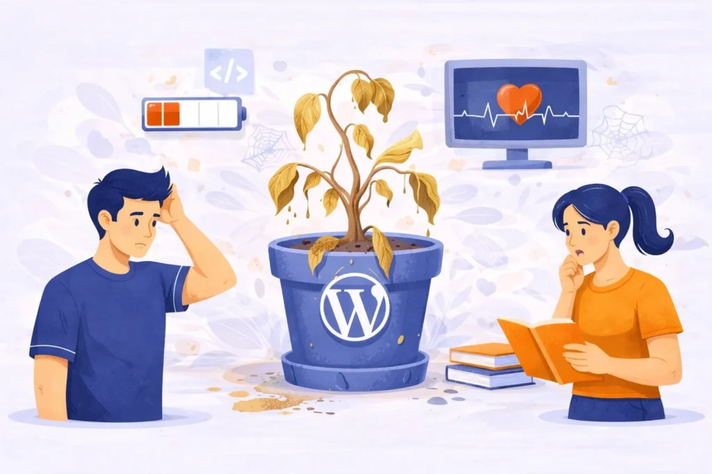 Illustration showing a neglected WordPress website as a living organism, symbolized by a withering plant in a pot with the WordPress logo, explaining why your WordPress website is slow and starving due to lack of proper maintenance.