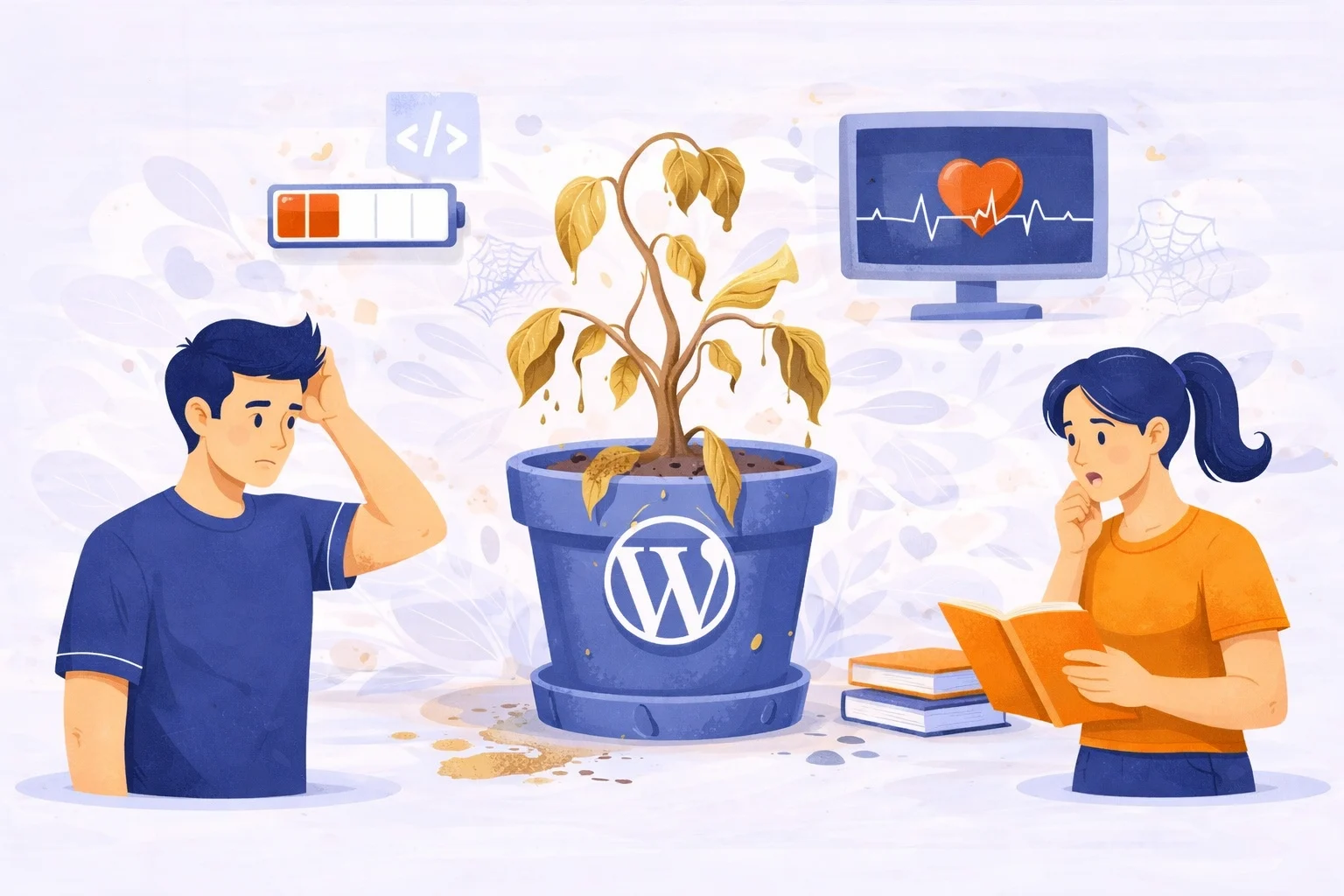 Illustration showing a neglected WordPress website as a living organism, symbolized by a withering plant in a pot with the WordPress logo, explaining why your WordPress website is slow and starving due to lack of proper maintenance.