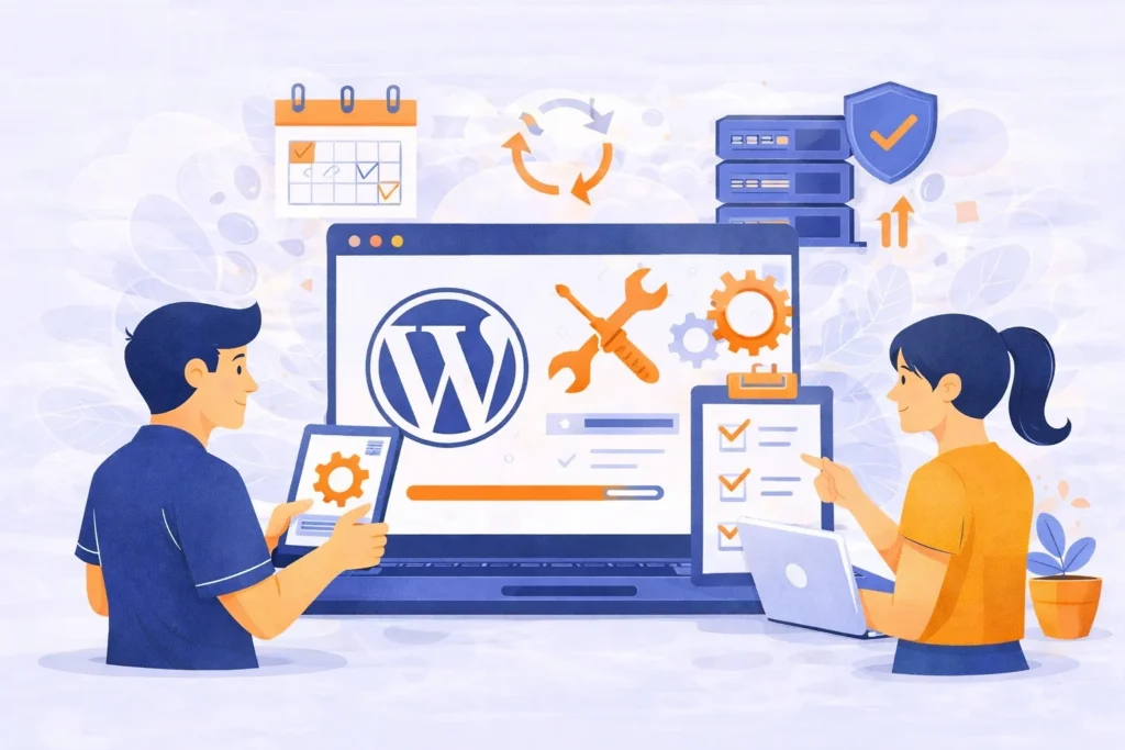 Illustration showing a WordPress website maintenance plan with update tools, security shield, performance checklist, and backup system on a dashboard screen.